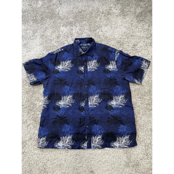 Nat Nast Linen Shirt Mens XL Blue Palm Print Short Sleeve Button Front Hawaiian - Picture 1 of 12